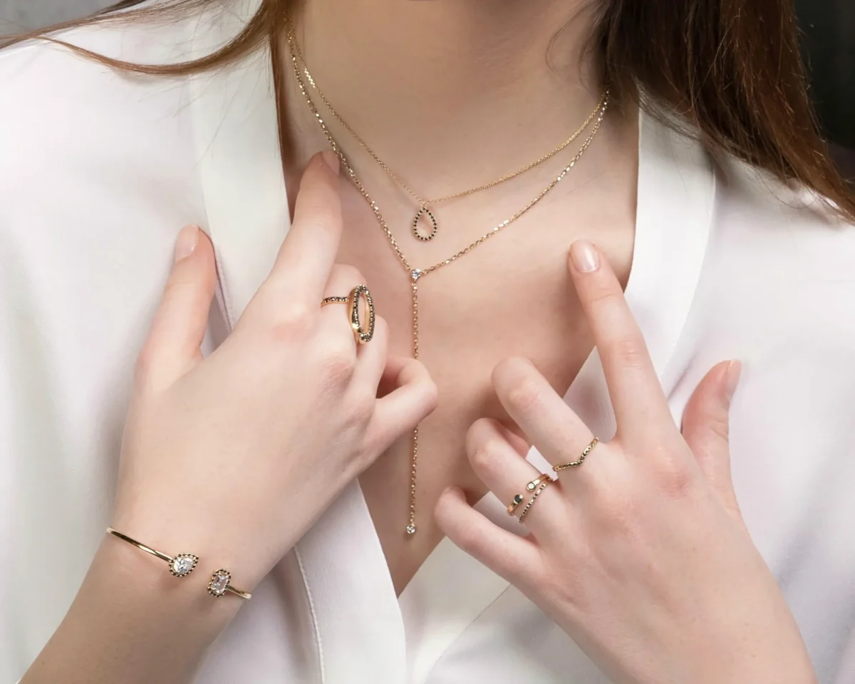 Hands with nude nails and fine gold jewellery against a white shirt