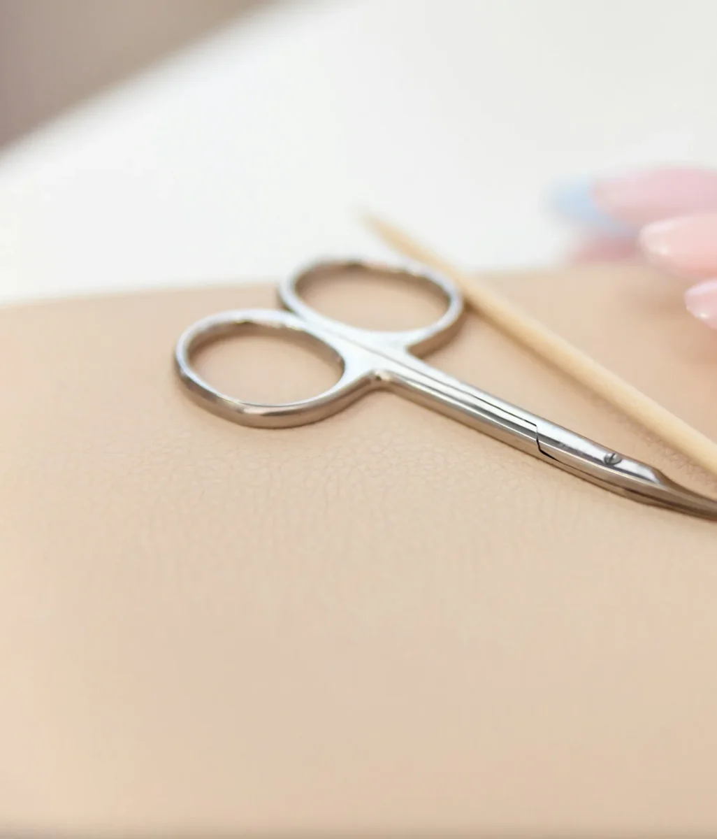 Cuticle scissors and an orange-wood stick beside gel color swatches on a beige leather pad
