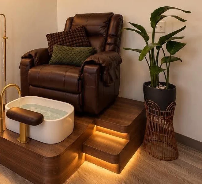 Leather pedicure chair with knit pillows, white basin and brass faucet